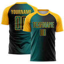 Laden Sie das Bild in den Galerie-Viewer, Custom Black Teal-Gold Sublimation Gradient Fashion Soccer Uniform Jersey