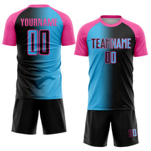 Load image into Gallery viewer, Custom Black Sky Blue-Pink Sublimation Gradient Fashion Soccer Uniform Jersey