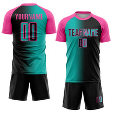 Laden Sie das Bild in den Galerie-Viewer, Custom Black Aqua-Pink Sublimation Gradient Fashion Soccer Uniform Jersey