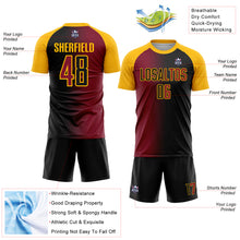 Laden Sie das Bild in den Galerie-Viewer, Custom Black Crimson-Gold Sublimation Gradient Fashion Soccer Uniform Jersey