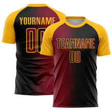 Laden Sie das Bild in den Galerie-Viewer, Custom Black Crimson-Gold Sublimation Gradient Fashion Soccer Uniform Jersey