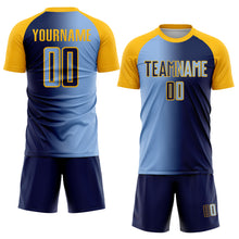Load image into Gallery viewer, Custom Navy Light Blue-Gold Sublimation Gradient Fashion Soccer Uniform Jersey