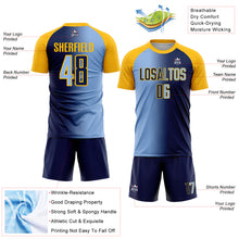 Load image into Gallery viewer, Custom Navy Light Blue-Gold Sublimation Gradient Fashion Soccer Uniform Jersey