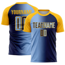 Load image into Gallery viewer, Custom Navy Light Blue-Gold Sublimation Gradient Fashion Soccer Uniform Jersey