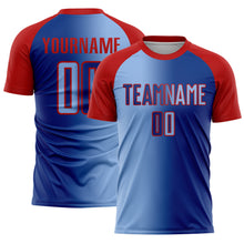 Laden Sie das Bild in den Galerie-Viewer, Custom Royal Light Blue-Red Sublimation Gradient Fashion Soccer Uniform Jersey