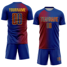 Laden Sie das Bild in den Galerie-Viewer, Custom Royal Maroon-Gold Sublimation Gradient Fashion Soccer Uniform Jersey