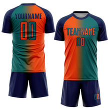 Load image into Gallery viewer, Custom Teal Orange-Navy Sublimation Gradient Fashion Soccer Uniform Jersey