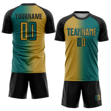 Load image into Gallery viewer, Custom Teal Old Gold-Black Sublimation Gradient Fashion Soccer Uniform Jersey