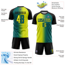 Load image into Gallery viewer, Custom Teal Neon Yellow-Black Sublimation Gradient Fashion Soccer Uniform Jersey