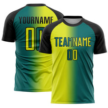 Load image into Gallery viewer, Custom Teal Neon Yellow-Black Sublimation Gradient Fashion Soccer Uniform Jersey