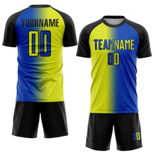Load image into Gallery viewer, Custom Thunder Blue Neon Yellow-Black Sublimation Gradient Fashion Soccer Uniform Jersey