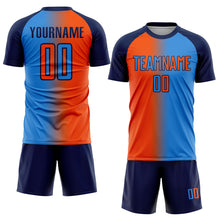 Laden Sie das Bild in den Galerie-Viewer, Custom Powder Blue Orange-Navy Sublimation Gradient Fashion Soccer Uniform Jersey