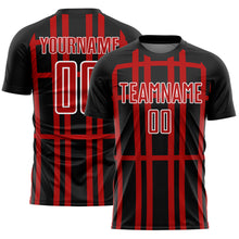Load image into Gallery viewer, Custom Black Red-White Stripe Line Sublimation Soccer Uniform Jersey