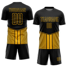 Load image into Gallery viewer, Custom Black Gold Stripe Line Sublimation Soccer Uniform Jersey