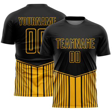 Custom Black Gold Stripe Line Sublimation Soccer Uniform Jersey