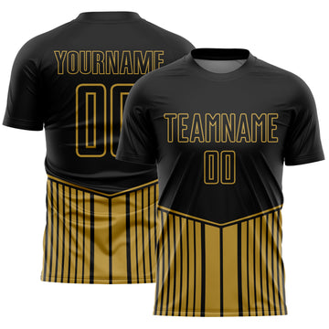 Custom Black Old Gold Stripe Line Sublimation Soccer Uniform Jersey