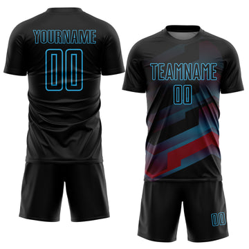 Custom Black Sky Blue Gradient Arrow Geometric Shapes Sublimation Soccer Uniform Jersey