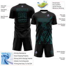 Load image into Gallery viewer, Custom Black Teal Splash Sublimation Soccer Uniform Jersey
