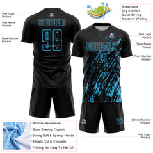 Load image into Gallery viewer, Custom Black Sky Blue Splash Sublimation Soccer Uniform Jersey