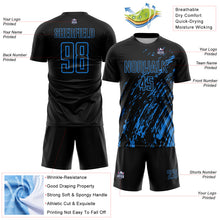 Laden Sie das Bild in den Galerie-Viewer, Custom Black Powder Blue Splash Sublimation Soccer Uniform Jersey