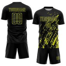 Load image into Gallery viewer, Custom Black Neon Yellow Splash Sublimation Soccer Uniform Jersey