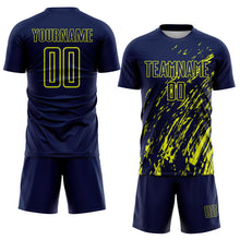 Load image into Gallery viewer, Custom Navy Neon Yellow Splash Sublimation Soccer Uniform Jersey