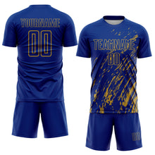 Load image into Gallery viewer, Custom Royal Old Gold Splash Sublimation Soccer Uniform Jersey