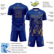 Load image into Gallery viewer, Custom Royal Old Gold Splash Sublimation Soccer Uniform Jersey