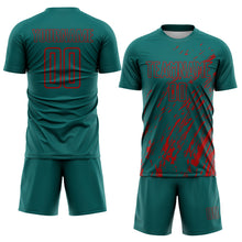Load image into Gallery viewer, Custom Teal Red Splash Sublimation Soccer Uniform Jersey