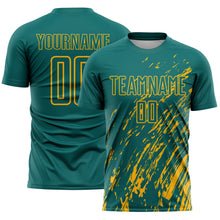 Load image into Gallery viewer, Custom Teal Gold Splash Sublimation Soccer Uniform Jersey