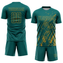 Load image into Gallery viewer, Custom Teal Old Gold Splash Sublimation Soccer Uniform Jersey