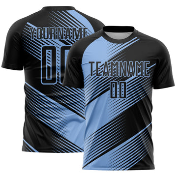 Custom Black Light Blue Line Sublimation Soccer Uniform Jersey