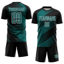 Load image into Gallery viewer, Custom Black Teal-White Line Sublimation Soccer Uniform Jersey