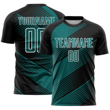 Load image into Gallery viewer, Custom Black Teal-White Line Sublimation Soccer Uniform Jersey