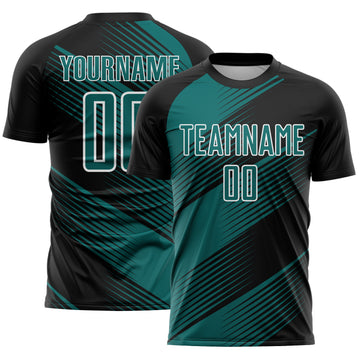 Custom Black Teal-White Line Sublimation Soccer Uniform Jersey