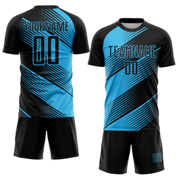 Custom Black Sky Blue Line Sublimation Soccer Uniform Jersey