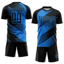 Laden Sie das Bild in den Galerie-Viewer, Custom Black Powder Blue Line Sublimation Soccer Uniform Jersey