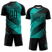 Laden Sie das Bild in den Galerie-Viewer, Custom Black Aqua Line Sublimation Soccer Uniform Jersey