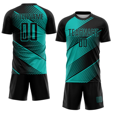 Custom Black Aqua Line Sublimation Soccer Uniform Jersey