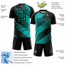 Laden Sie das Bild in den Galerie-Viewer, Custom Black Aqua Line Sublimation Soccer Uniform Jersey