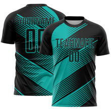 Laden Sie das Bild in den Galerie-Viewer, Custom Black Aqua Line Sublimation Soccer Uniform Jersey
