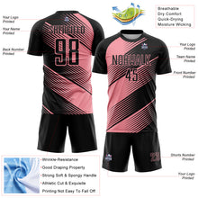 Laden Sie das Bild in den Galerie-Viewer, Custom Black Medium Pink Line Sublimation Soccer Uniform Jersey