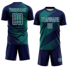 Load image into Gallery viewer, Custom Navy Teal-White Line Sublimation Soccer Uniform Jersey