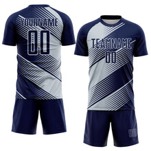 Laden Sie das Bild in den Galerie-Viewer, Custom Navy Silver Line Sublimation Soccer Uniform Jersey