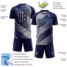 Laden Sie das Bild in den Galerie-Viewer, Custom Navy Gray Line Sublimation Soccer Uniform Jersey