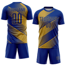 Load image into Gallery viewer, Custom Royal Old Gold Line Sublimation Soccer Uniform Jersey