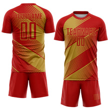 Загрузить изображение в средство просмотра галереи, Custom Red Old Gold Line Sublimation Soccer Uniform Jersey