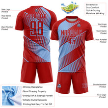 Load image into Gallery viewer, Custom Red Light Blue Line Sublimation Soccer Uniform Jersey