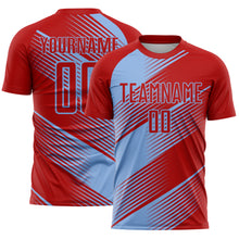 Load image into Gallery viewer, Custom Red Light Blue Line Sublimation Soccer Uniform Jersey