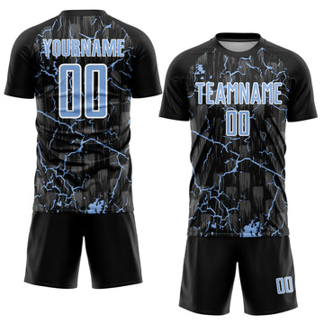 Custom Black Light Blue-White Lightning Sublimation Soccer Uniform Jersey
